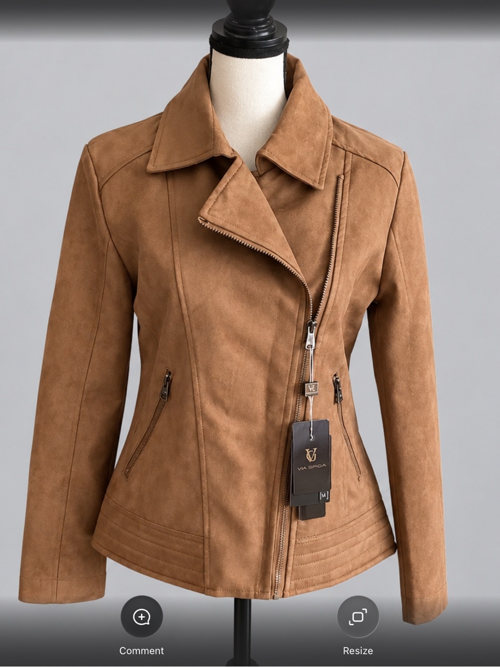 VG World Collection Tan Faux Suede Asymmetrical Zip Moto Jacket